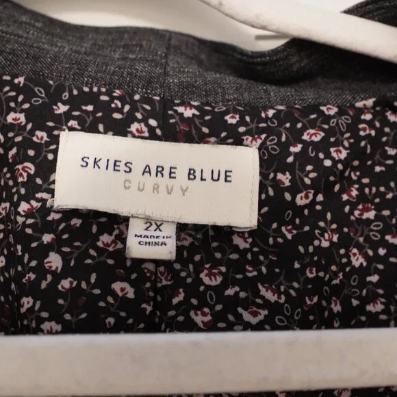 Skies Are Blue Curvy Open Front Blazer 2X Charcoal Ruched Sleeve Floral Lined - Picture 2 of 4